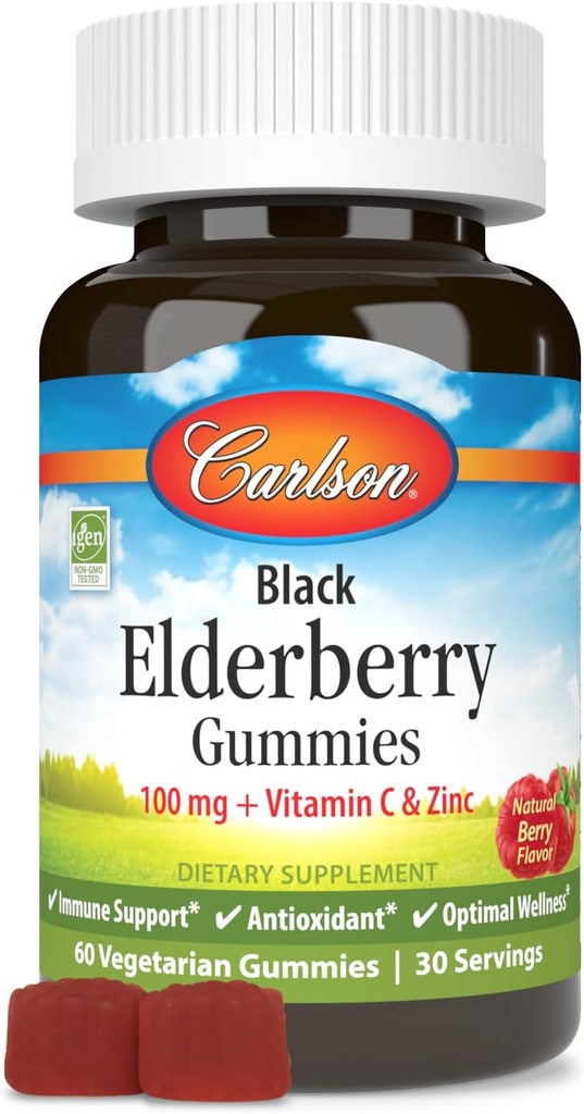 Carlson - Black Elderberry Gummies, s vitamínem C & Zinek, imunitní podpora, 60 Gummies