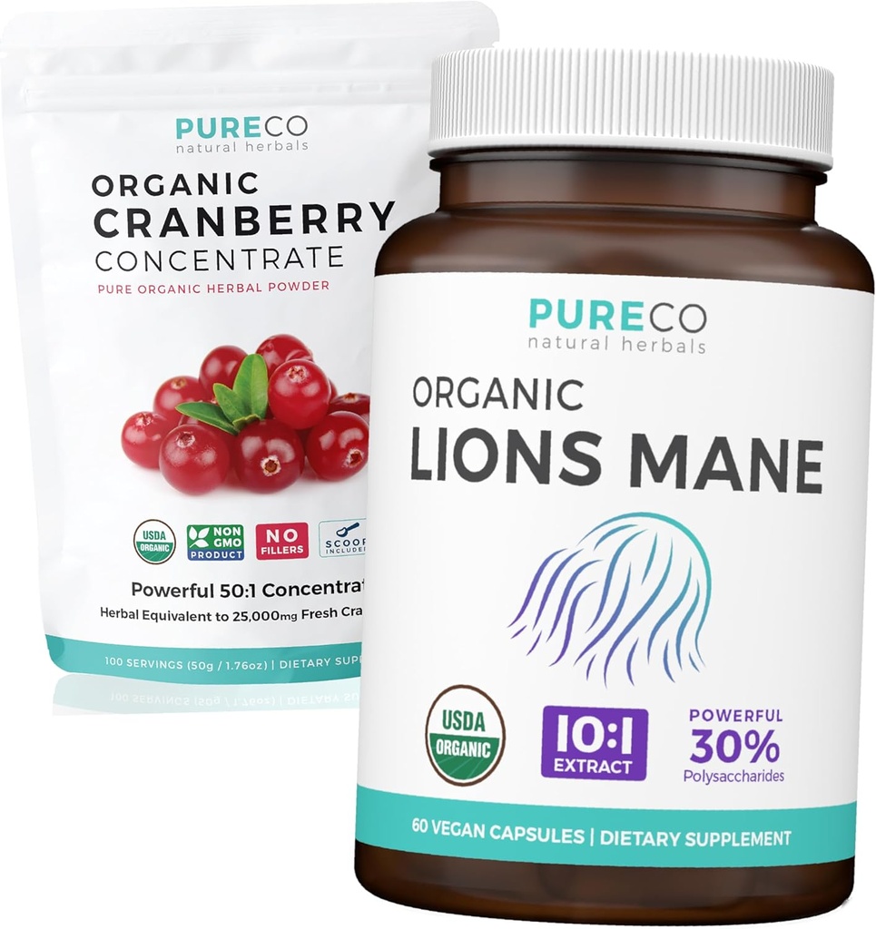 Cranberry Powder & Lions Mane (1-Month Supply) Widful Cranberry Bundle of Organic Cranberry Concentrate Powder 50: 1 Extract (100 Scoops) & Organic Lions Mane Houba 10: 1 Extract (60 Caps)