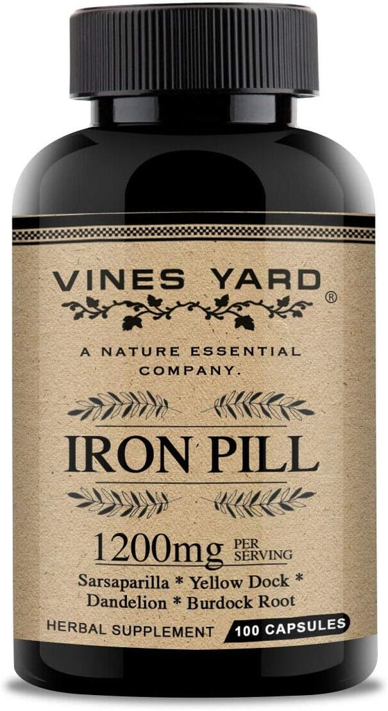 Doplňky železa 124; Přírodní Bylinné Iron Pills 124; Organic Sarsaparilla, Pampeliška, Burdock Root & Yellowdock Kapsle 1200mg Iron 124; 100 Pack