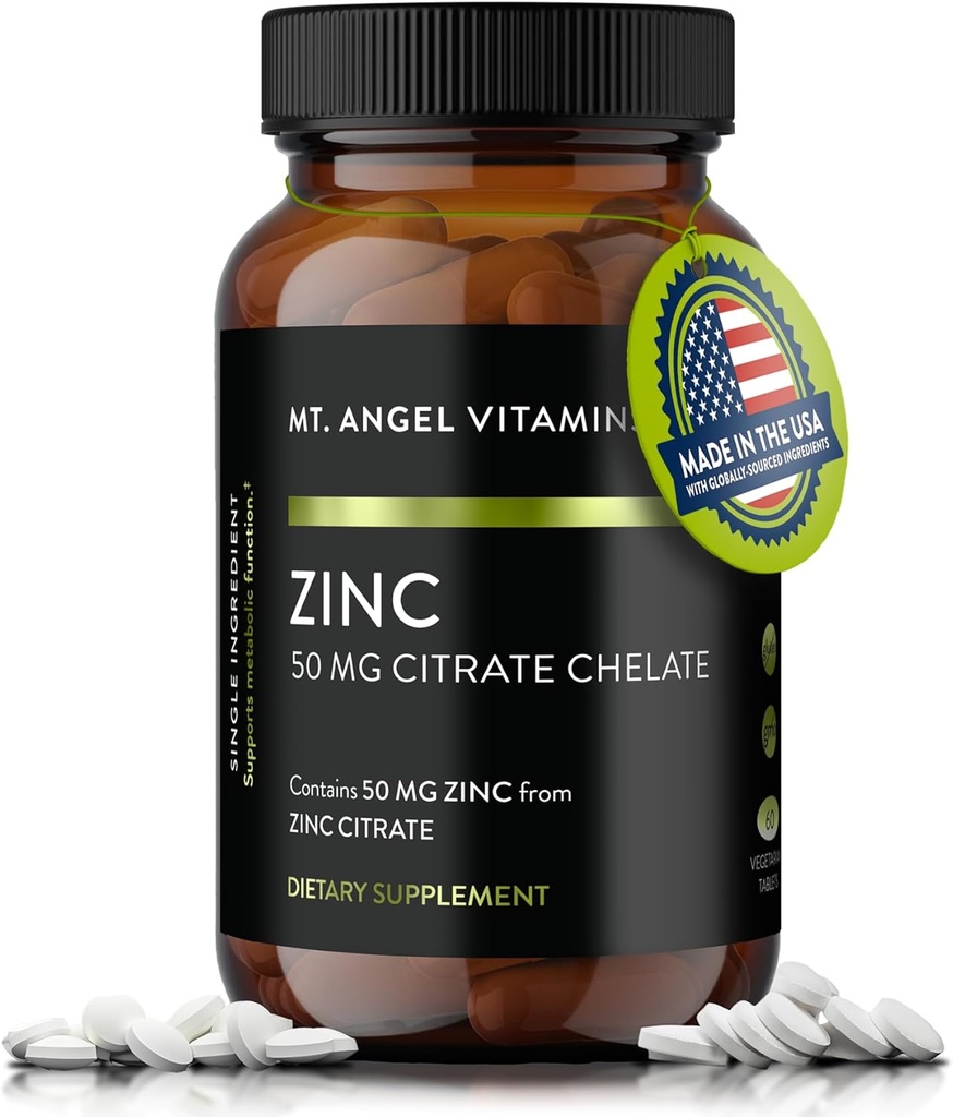 Mt. Angel Vitamíny - Zinek Citrát 50 mg - Zinek 50 mg Citrát Chelát - Přírodní zinek doplňky Made in USA - 60 Vegetariánských tablet