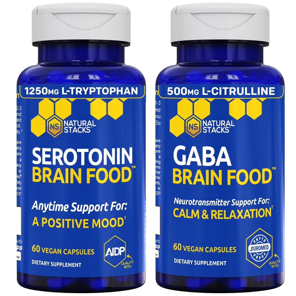 NATURAL STACKS Serotonin & GABA Brain Food Bundle - Podporuje pozitivní náladu a klid * - 120 Celkové kapsle