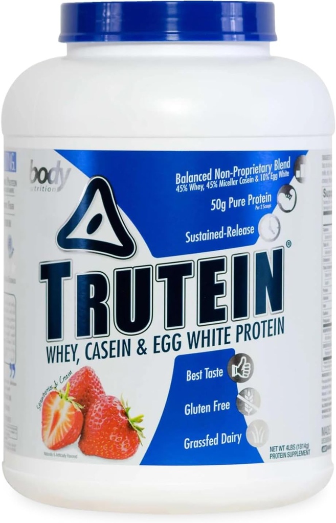 Body Nutrition Trutein High Protein Powder: 45% Syrovátka, 45% Kasein, 10% Vejce bílá, gluten- Free, Nízký sodík, Tráva Fed syrovátkový prášek, Gym dodatek & Snídaně Shake, Jahody & Cream, 4lb