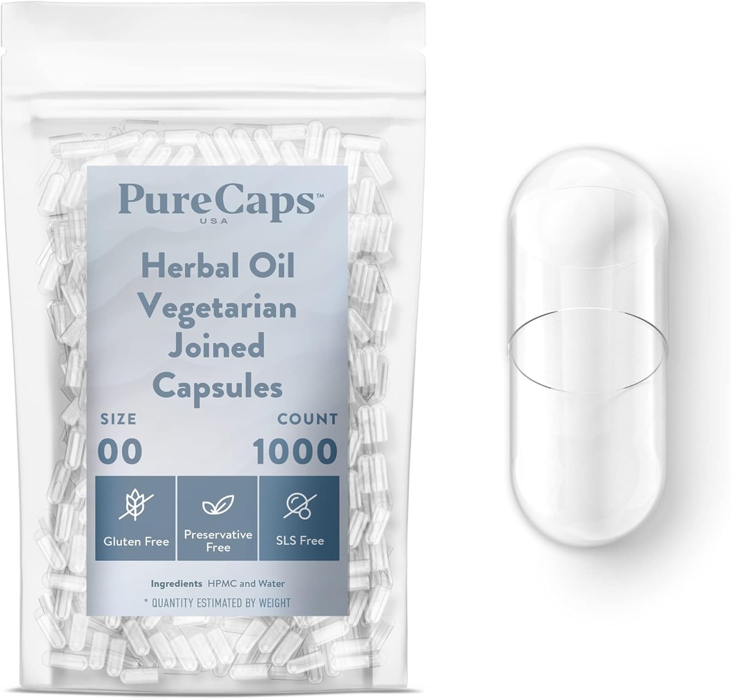 Purecaps USA - Prázdný bylinný olej Vegatarian Pill Kapsle Velikost 00 Březen 124; 1000 spojených pilulek 124; Clear BLAD 124; Non- GMO Certified BLAD 124; SLS, gluten, Preservative Free