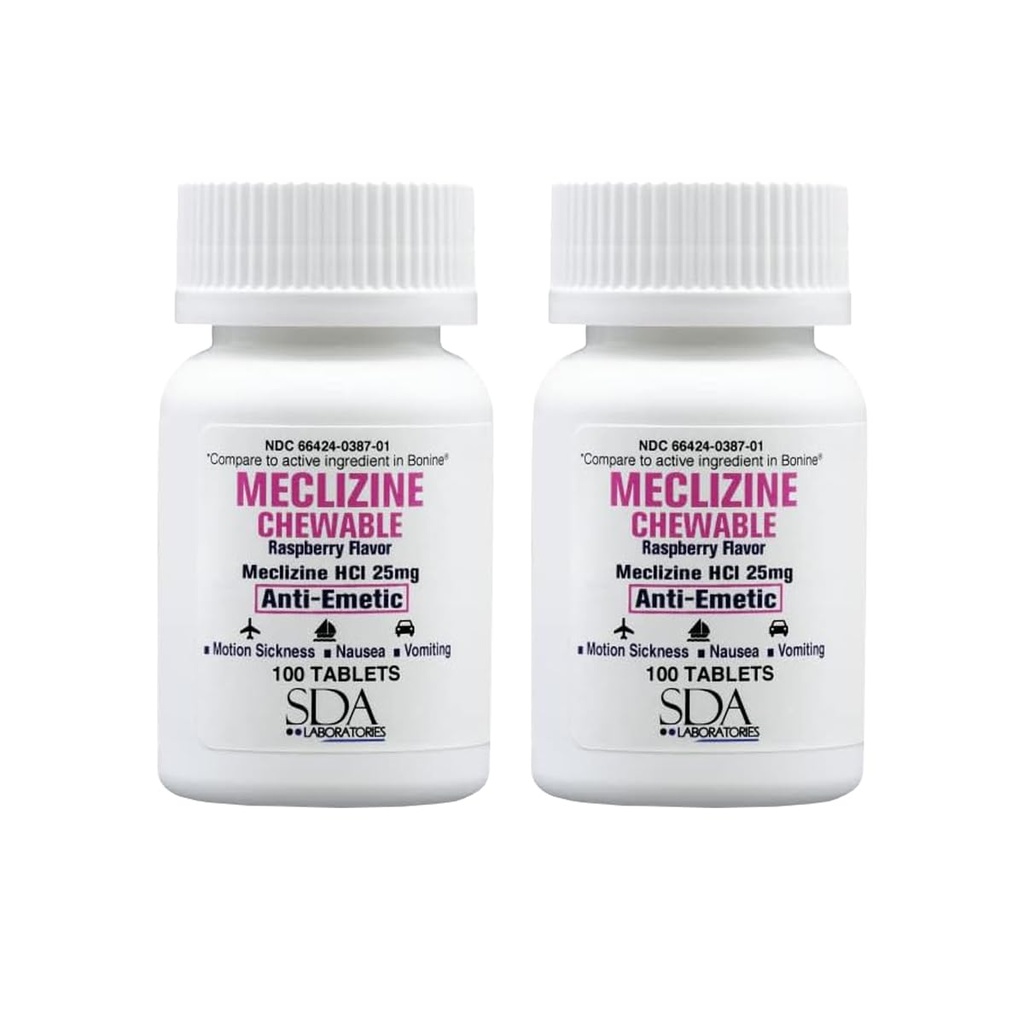 SDA LABORATORIE MECLIZIN 25mg Žvýkací tablety, antiemetické, Malina Flavor, Motion Nemoci & Vertigo Relief for Nausea, Závratě, Zvracení, Přenosné cestovní pomůcky (2 láhve 100 Počet)