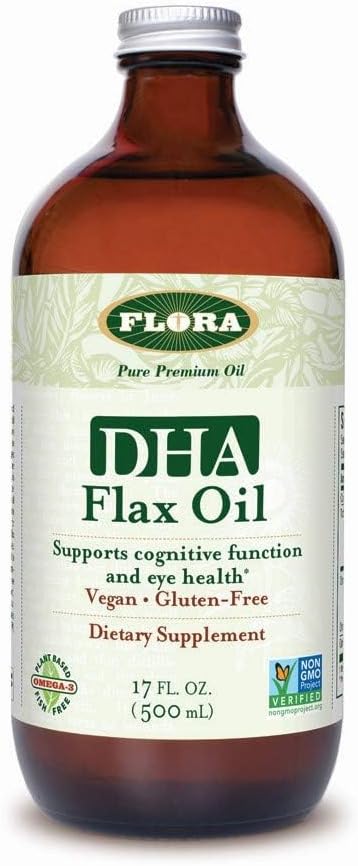 Flora DHA Flax Oil - Podporuje zdraví mozku - Obsahuje Vegan Omega-3-6-9, gluten-Free, Kosher & Non-GMO - Keep Chilled - Glass Bottle - 17 fl. oz.