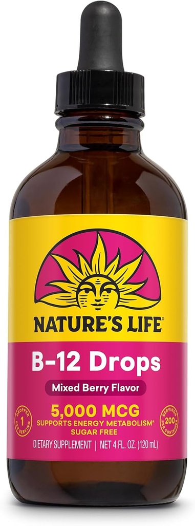 Příroda je život B12 Kapky 5000 mcg - Vitamin B12 Methylkobalamin - Liquid B12 dodatek pro energetický metabolismus, Nerve funkce a Red Blood Cell Support Natural Mixs Berry, Sugar Free (200 Serv, 4oz)