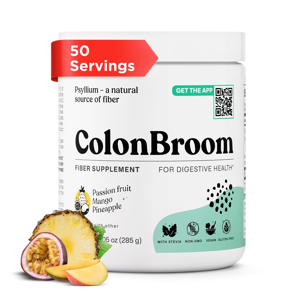 ColonBroom Psylium Husk Powder with Stevia (Tropical Fruits) - Colon Cleanse for Bloating Relief & Gut Health - Colon Broom Fiber Powder Drink - Vegan Fiber Powder Stevia Supplement, 50 Servings