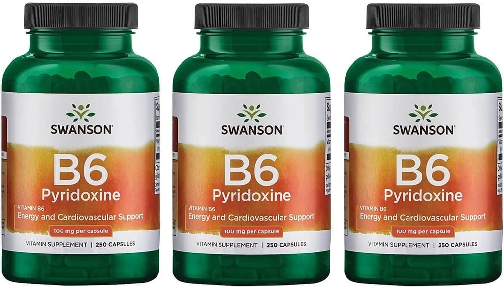 Swanson B6 Pyridoxin - dodatek k vitamínu na podporu kardiovaskulárního zdraví a energetického metabolismu - Natural Formule na podporu celkového wellness - (250 Kapsle, 100mg každý) 3 balení
