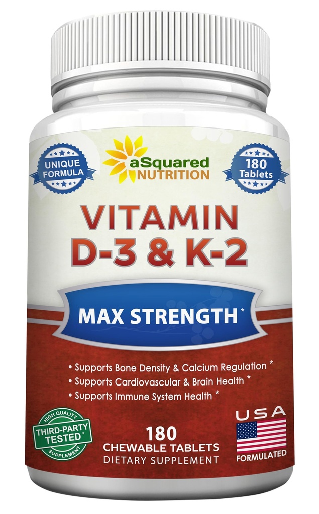 aSquared Nutrition Vitamin D3 s K2 doplňky - 180 Žvýkací tablety, Max síla D- 3 Cholekalciferol & K-2 MK7 na podporu zdravé kosti, zuby, srdce - Antioxidant D3 & K2 MK-7 Energy Formule Dospělí