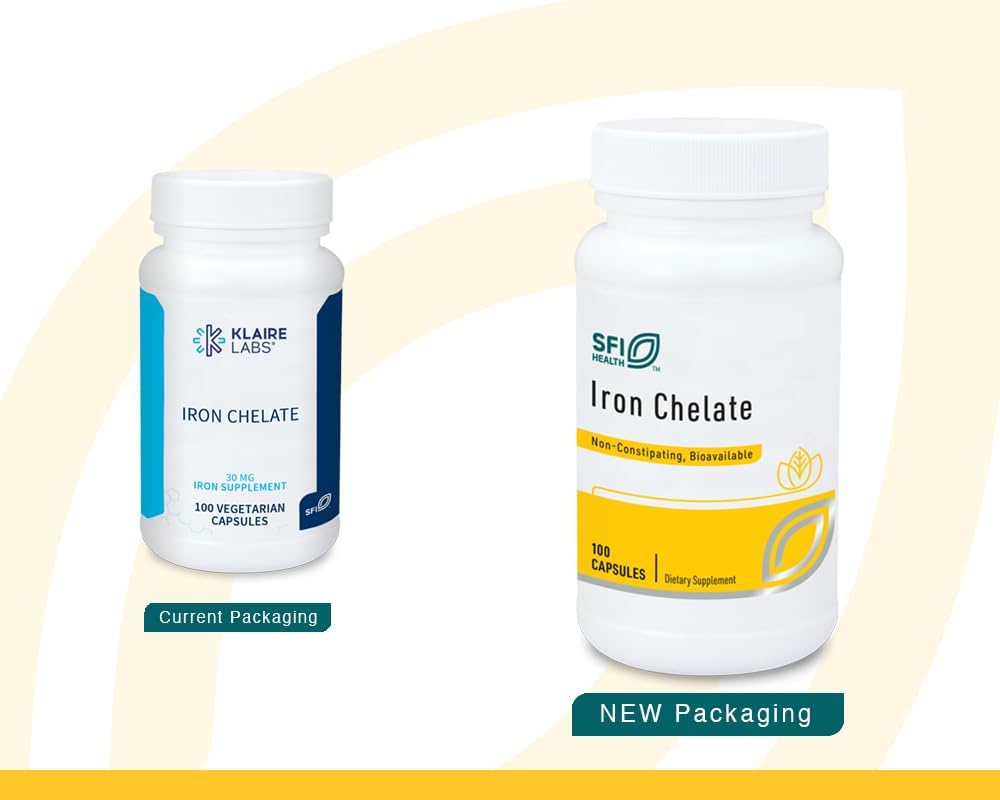 Klaire Labs SFI Health Iron Bisglycinate Chelate Supplementary - 30mg Ferrous Bisglycinát Chelate - Určeno pro Well- Tolerance, Well- Absorbováno & Gentle on Stomach - Hypoalergenní (100 Kapsle)