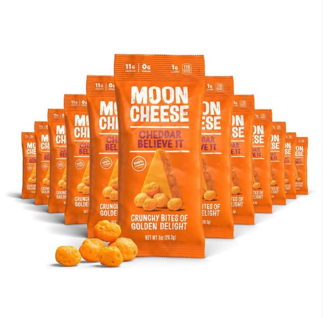 Moon Cheese Cheddar Believe It, 1 Ounce, 12- Pack, Crunchy, Protein-Rich Cheese Snack, Keto Friendly, 100% Real Cheese