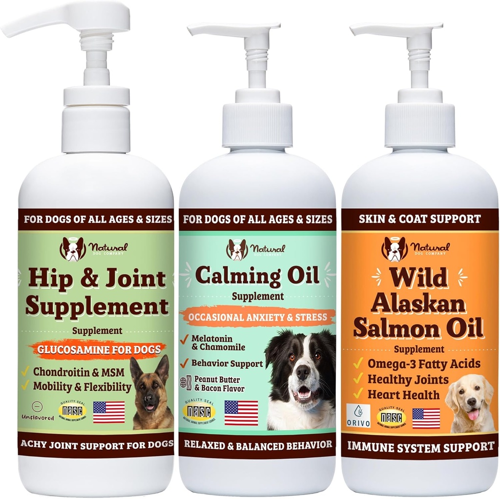 Natural Dog Company Wellness Bundle Food Oil Toppers včetně (1) Wild Alaskan Salmon Oil, (1) Liquid Glucosamine, (1) Calming Oil