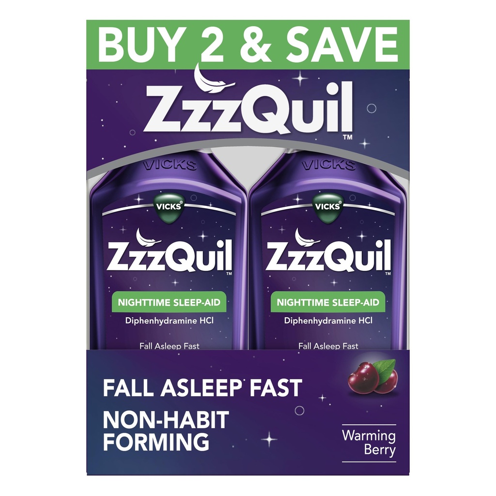 ZzzQuil, Sleep Aid, Nighttime Sleep Aid Liquid, 50 mg Difenhydramine HCl, Fall Asleep Fast, Non-Habit Forming, Warming Berry Flavor, 12 FL OZ (balení po 2)