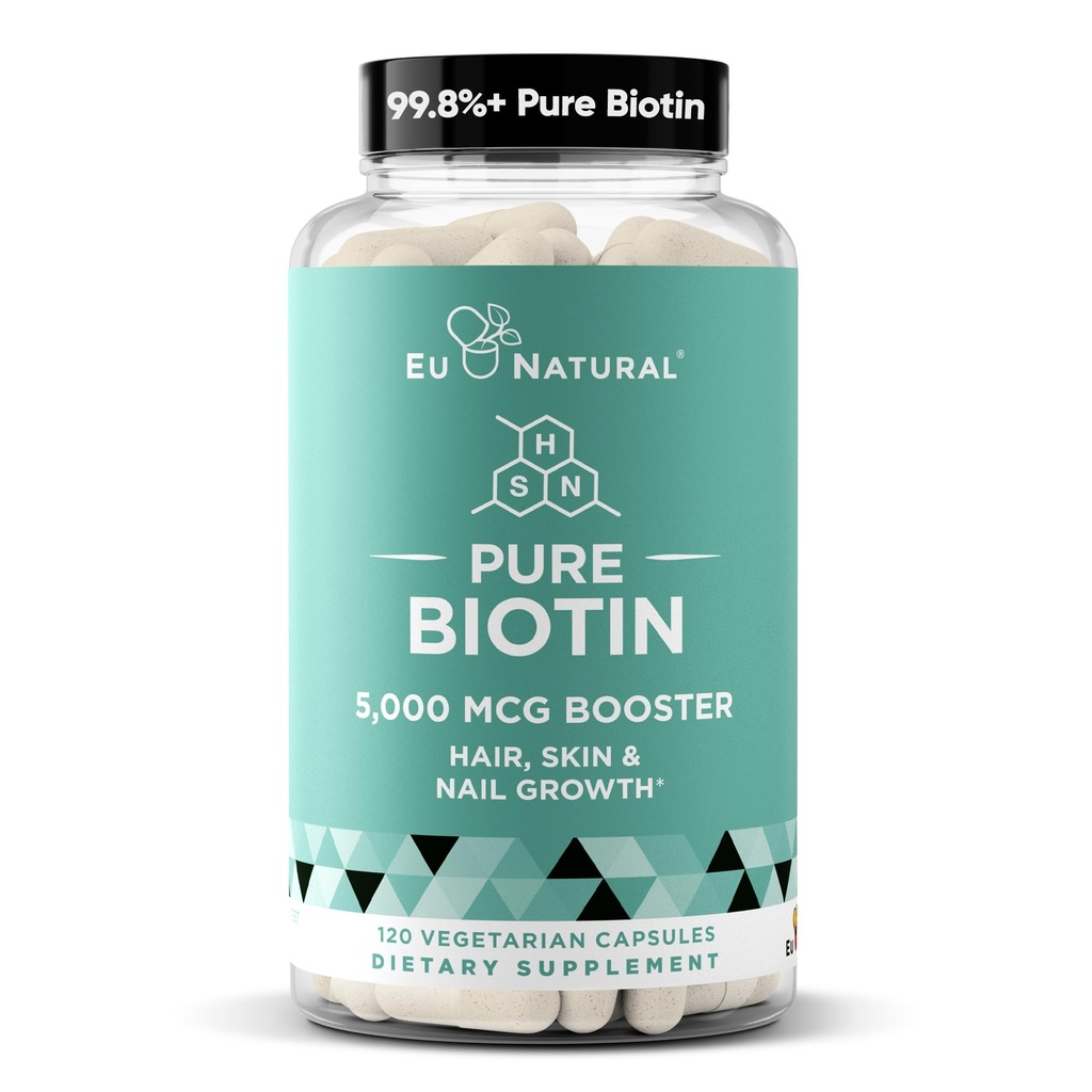 Biotin 5000 mcg Vlasové kožní nehty dodatek - high- potence růst vlasů Vitamíny pro ženy a muže - Poskytovat výkonnou podporu pro zdravé vlasy, silnější nehty a zářivé kůže - 120 Vegan měkké kapsle