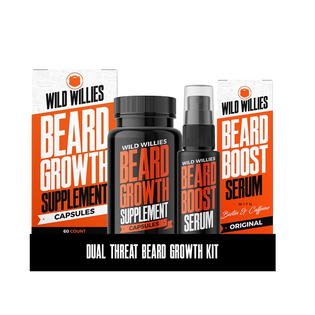 Wild Willies Beard Growth Kit - Kapsle & Posílit sérum - Přírodní růstový olej s biotin & kofein - Vitamíny pro Fuller, Silnější Beard - 60 Kapsle - Pro muže