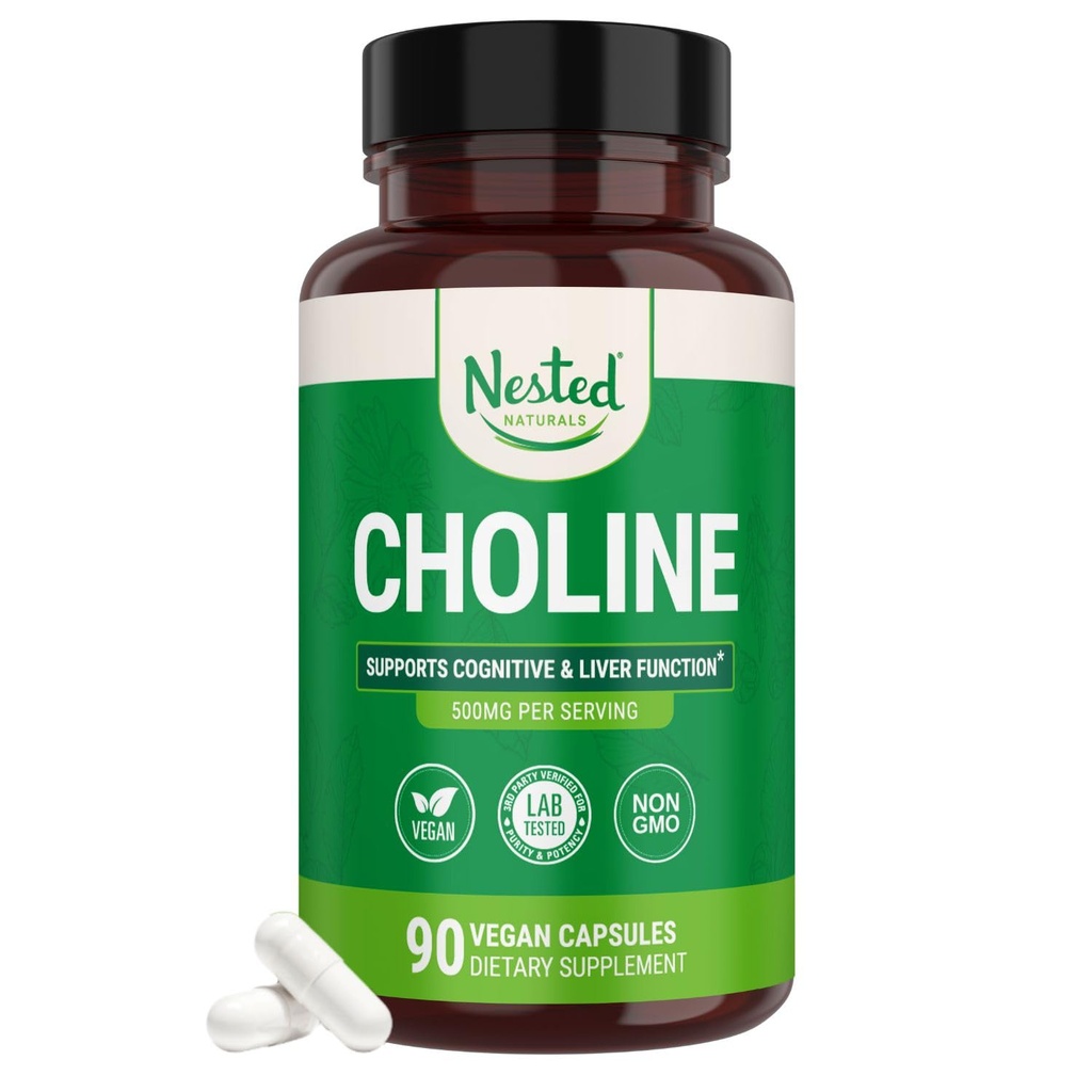 Nested Naturals Cholin Bitartate 500mg - High Potency Cholin doplňky - Podporuje kognitivní výkon & funkce jater - 100% Vegan & Non- GMO Cholin - 90 Veganské kapsle