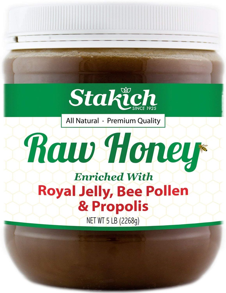 Stakich Royal Jelly, Bee Pollen, Propolis obohacený syrový med - čistý, nezpracovaný, nevyhřívaný - 5 liber (80 Ounce)