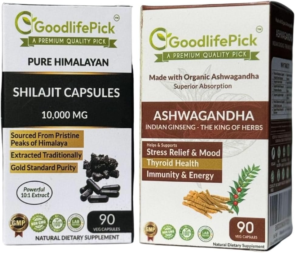 Himalayan Shilajit Capsule & Ashwagandha Kapsle Balení 2. 90 + 90 ct Gold Standard Premium Quality pro Max výhody. Všechny přírodní neGMO bez rýžového prášku bez náplně bez oxidu křemičitého bez stearátu