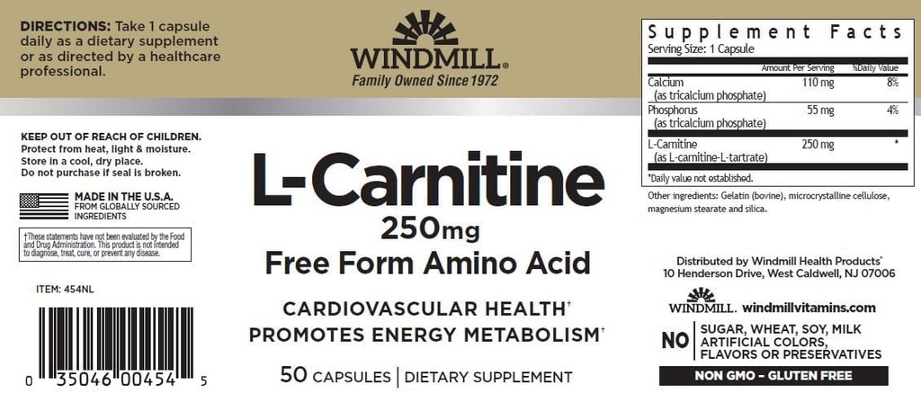 Větrný mlýn L- karnitin 250 mg Kapsle 50 Počet balení