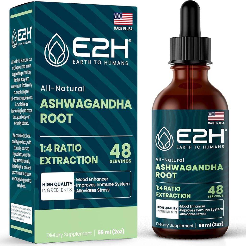 E2H Ashwagandha Liquid Drops - All- Natural Ashwagandha Dodatek pro Stress Relief a Mood Enhancer- Organic Ashwagandha Root Extract Efektivní Cortisol Manager 124; Non- GMO, Vegan C124; 2 Fl Oz