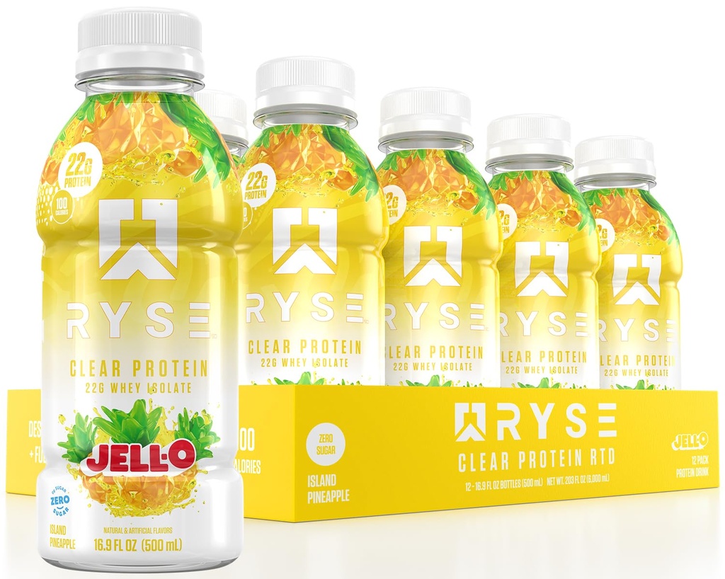 RYSE Clear Protein Drink - Jell- O Island Ananas - 100 Calories, 22g Syrovátkový izolát Protein Shake, Sugar- Free, 0g Tuk & Lactose- Free - Refreshing Ready- to- Drink Berage - 16.9 fl oz Lattles (12-Pack)