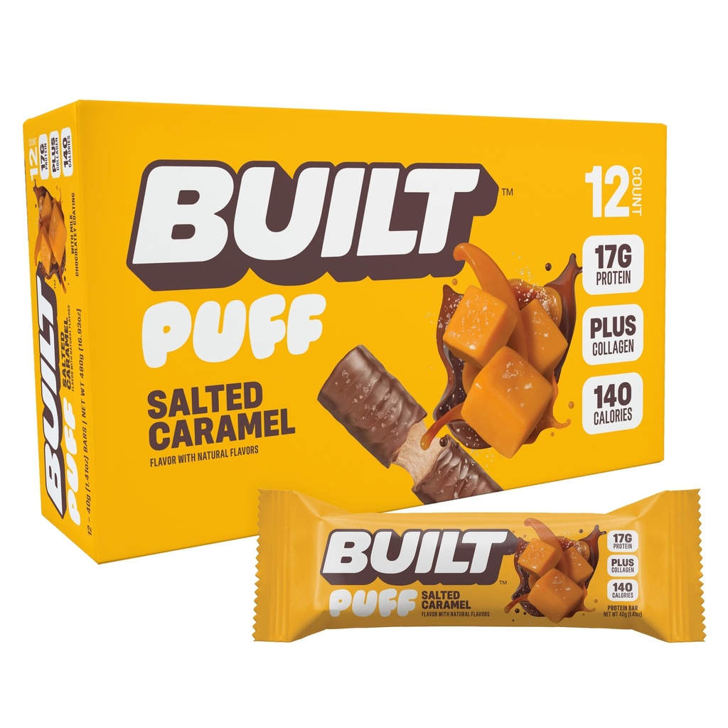 Vestavěný bar, Puff Protein Bary, slaný karamel Puff, 17g protein Snacks, On-The- Bary, Pouze 140 kalorií, 6g cukru, kolagen, gluten zdarma, 12 Počet
