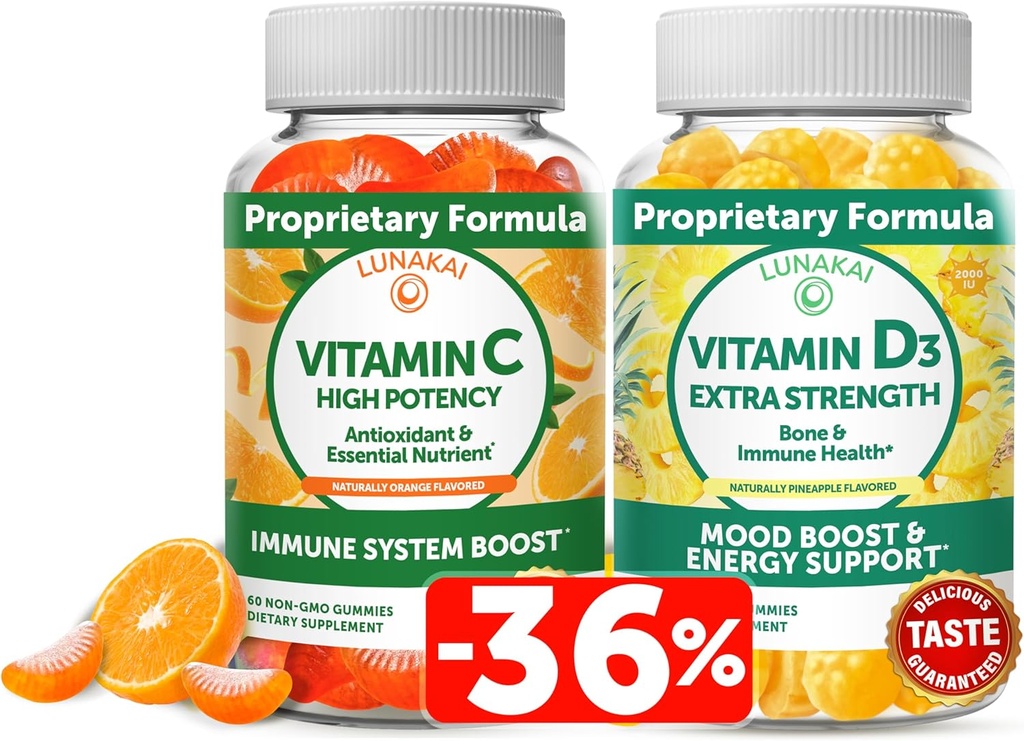 Lunakai Vitamin C a Vitamin D3 Gummies Bundle - 300mg Organic, Non- GMO, Vegan Žvýkací Gumma - Imunita, Kost a Mood Supplement pro dospělé