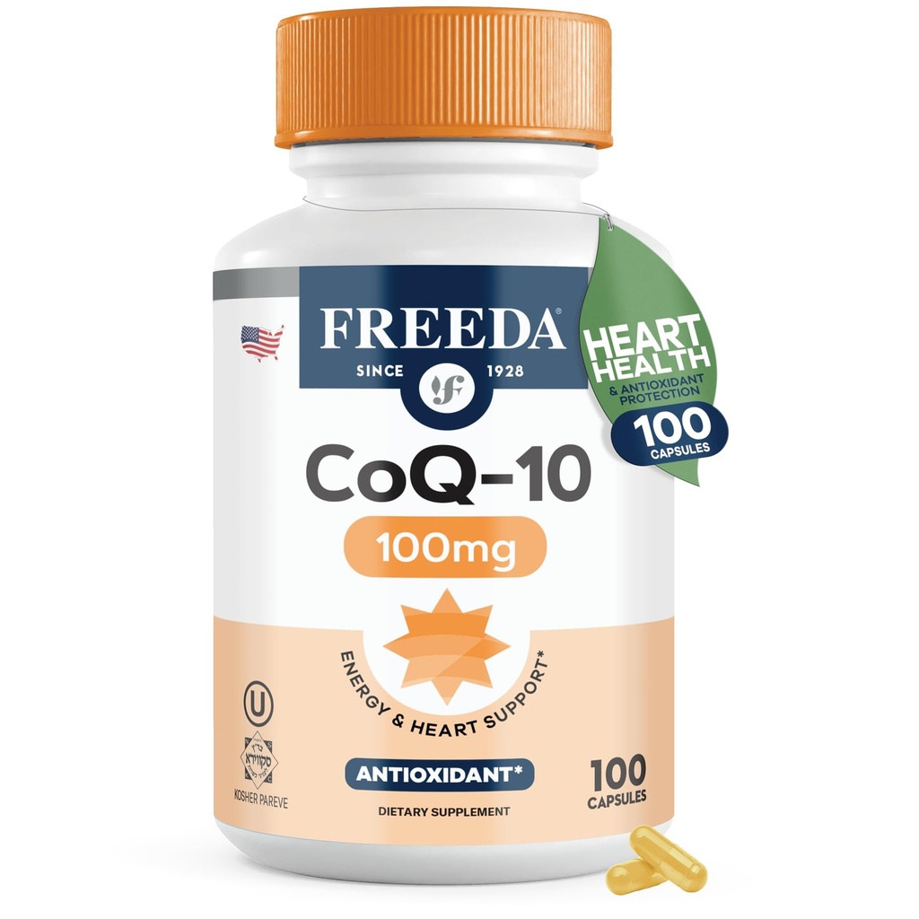 FREEDA CoQ10 100mg - Košer Coenzym Q10 Dietní dodatek pro kardiovaskulární srdeční zdraví, Krevní tlak podpora, Orální guma zdraví, a zdravé stárnutí - Čisté CoQ10 Kapsle, 100 Počet