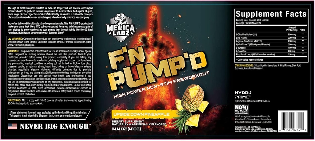 "Merica Labz F 'N Pump' d Stimulant Free, Oxid dusnatý, Plně dávkovaný, Pump PreWorkout prášek (20 Služeb) (nahoru dolů ananas)