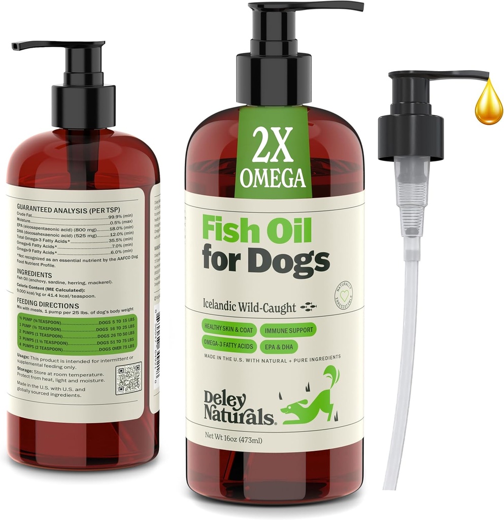 Deley Naturals Dog Fish Oil Island 2X Omega - Psí svědění kůže Relief s Omega 3 6 9 pro alergie, Coat & Heart - Omega 3 Fish Oil pro psy kůže Irritation - 16oz Omega Oil pro psy Made in USA