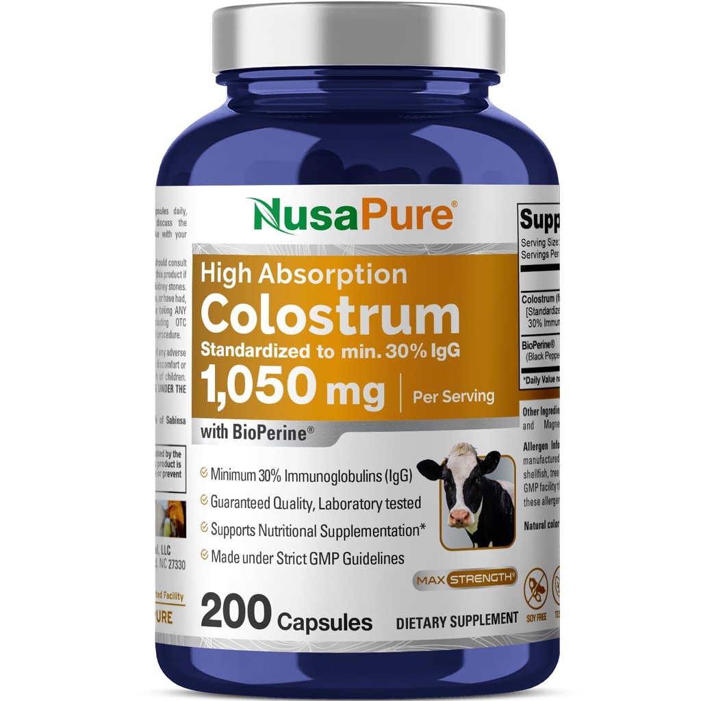 NusaPure Colostrum 1050mg 30% IgG 200 tobolek (Non- GMO, Soyfree) Bioperin