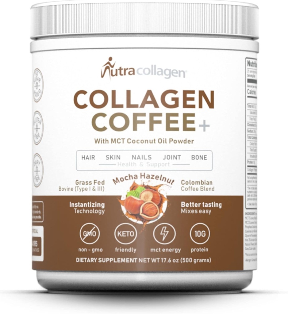 NUTRACOLLAGEN Peptid Powder with Premium Columbian Coffee; Grass- Fed; Keto Friendly, MCT Coconut Oil Powder, Soy Free, Gluten Free, Sugar Free, 40mg Caffeine / SVG; Mocha Hazelnut 25 Servings