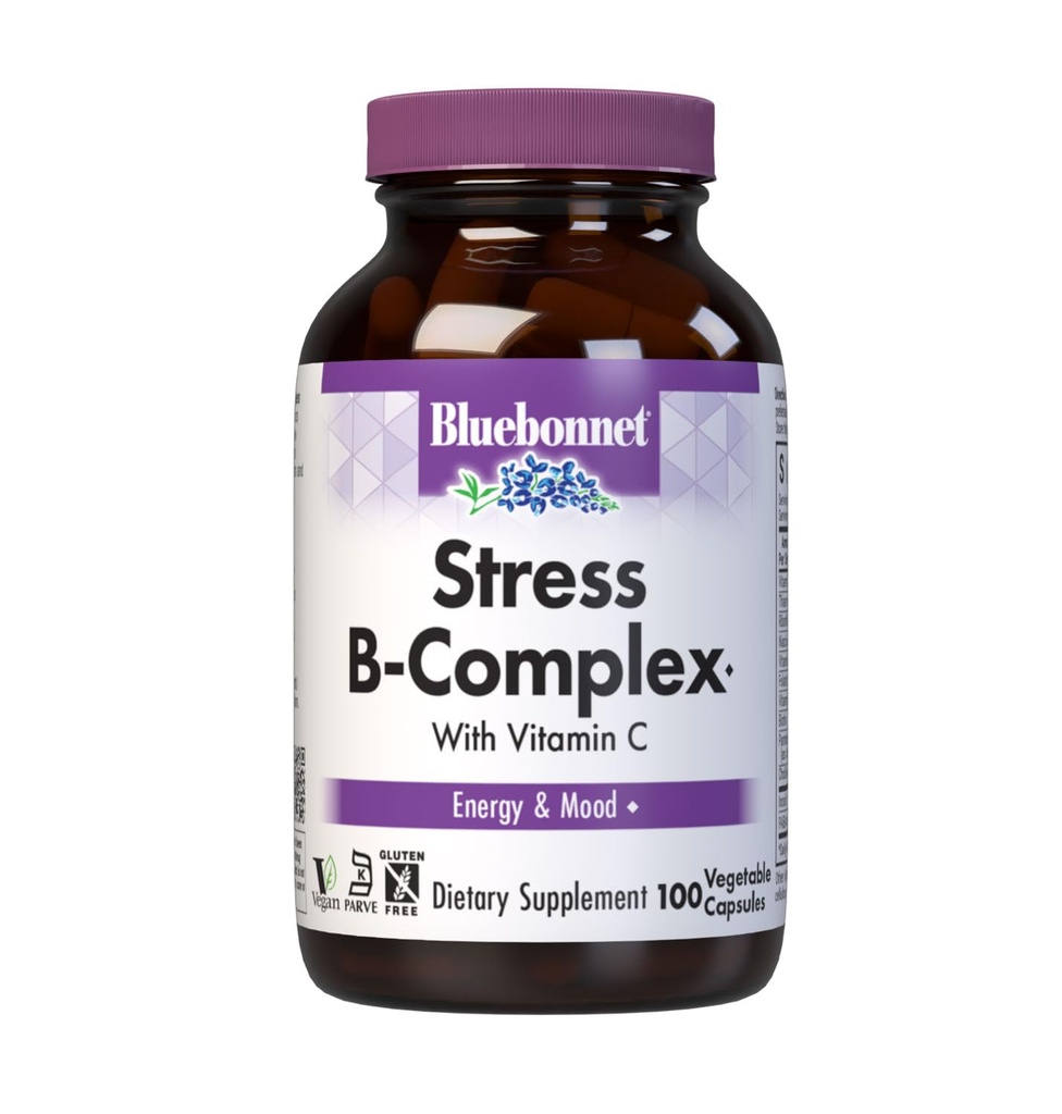 Bluebonnet Nutrition Stress Relief B Komplexní zeleninové kapsle, Vitamin B6, B12, Biotin, Folát, Vegan, Gluten & Soy & Milk Free, Kosher, Neochucené, 100 Počet