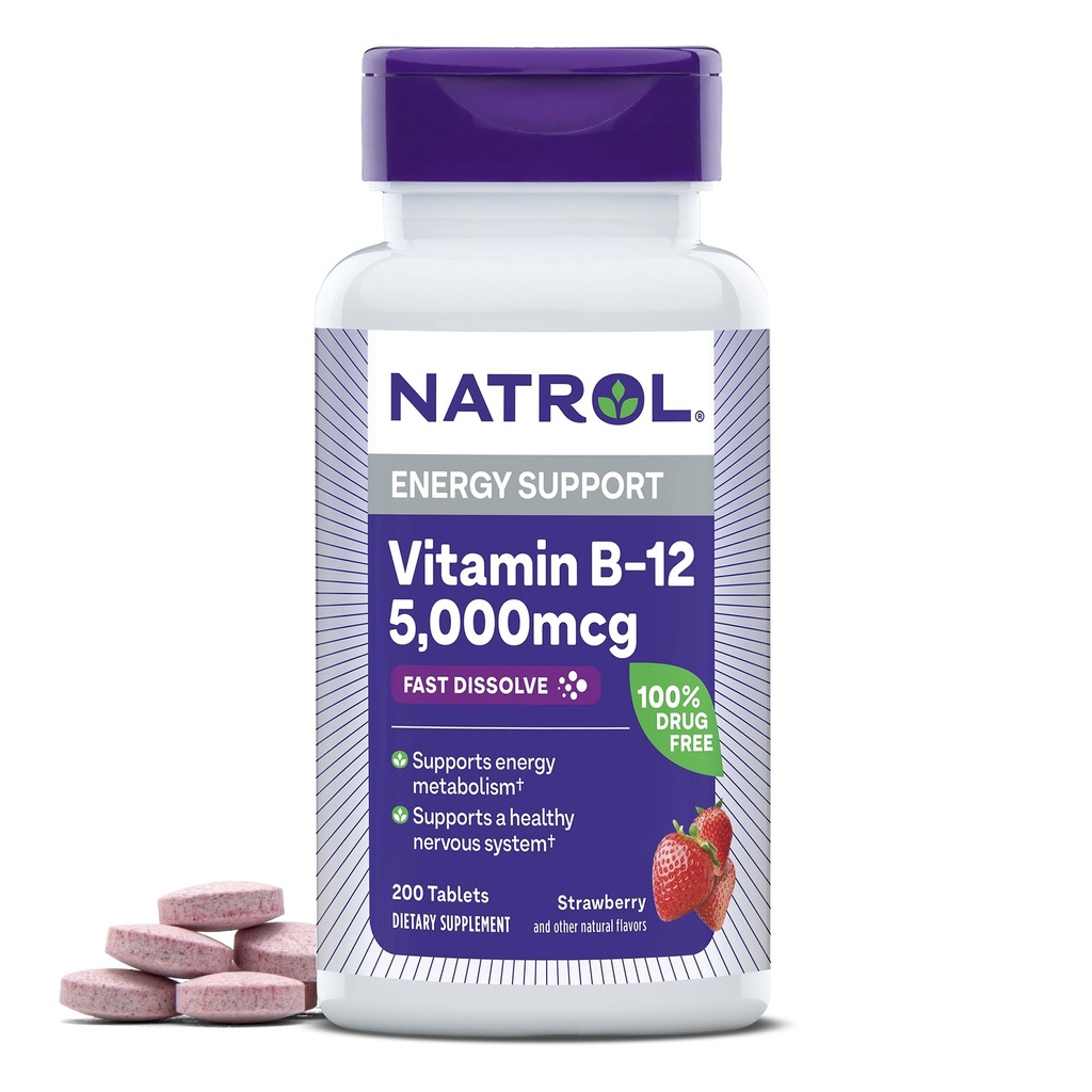 Natrol vitamin B12 5 000 mcg, rychlé rozpuštění vitaminu B12 dodatek podporuje zdravý nervový systém a energetický metabolismus, 200 tablet, až 200 denní dodávky