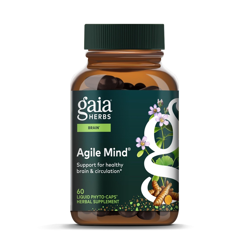 Gaia Herbs Agile Mind - Brain & Cognitive Support Bylinné doplňky - s organickým turmerickým kořenem, Bacopa, Black Pepper, a Ginkgo Biloba - 60 Vegan Liquid Phyto- Kapsle (30- Day Supply)
