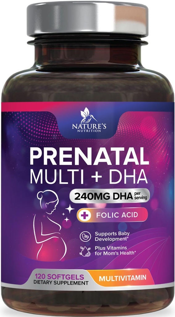 Prenatální vitaminy s kyselinou listovou & DHA, Podpora rozvoje plodu s folátem & Omega 3 je, Prenatal Multivitamin pro ženy, Vitamin A, C, D, B6, B12 & železo, dodatek k těhotenství - 120 Softgels