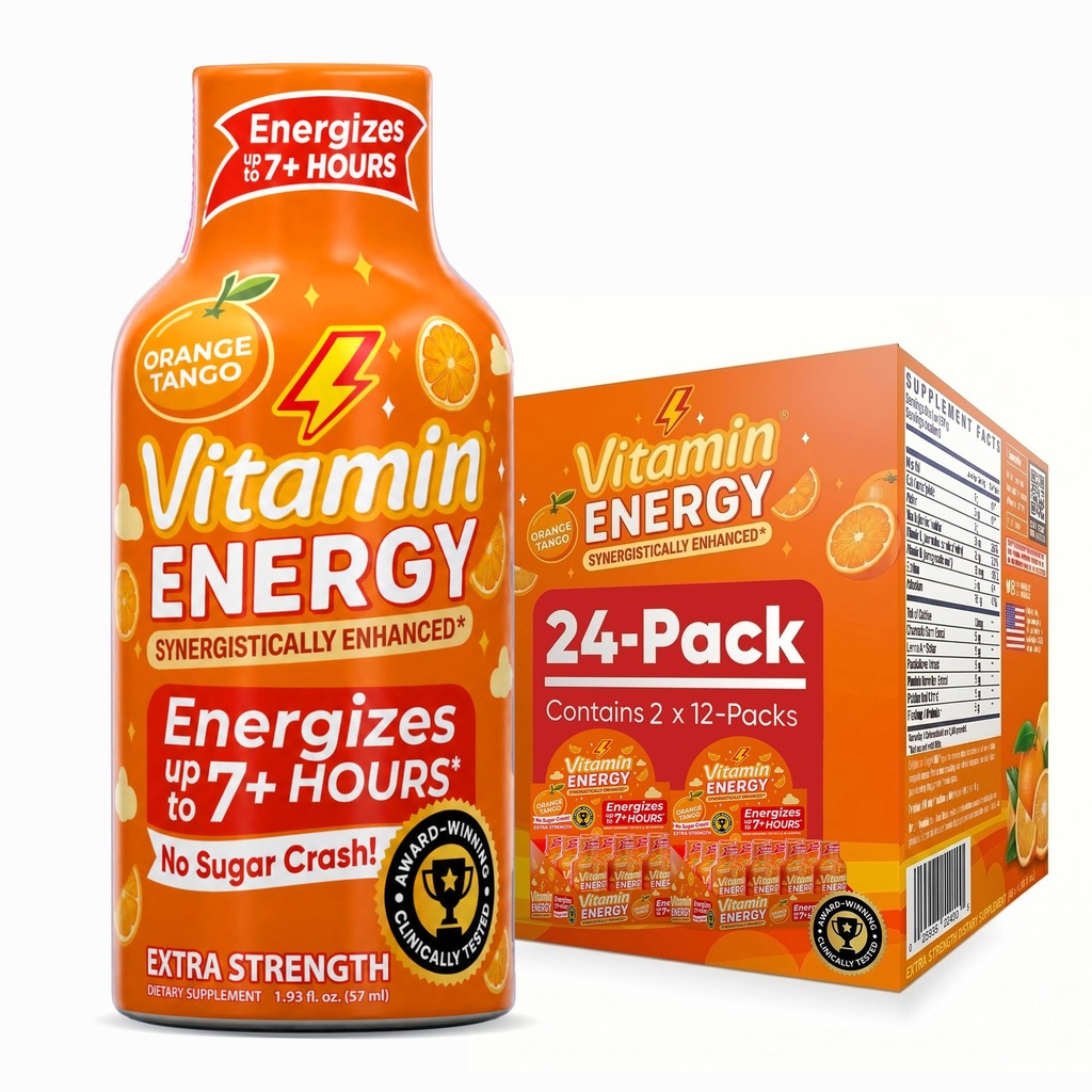 Vitamin Energy Imunní + Extra Síla Energy Shot Orange Burst 24 Pack, 260mg přírodní kofein, B-Vitamíny, Citicolin, zelený čaj, Imunita & Focus Support, Nulový cukr, gluten- Free 1.93 fl oz