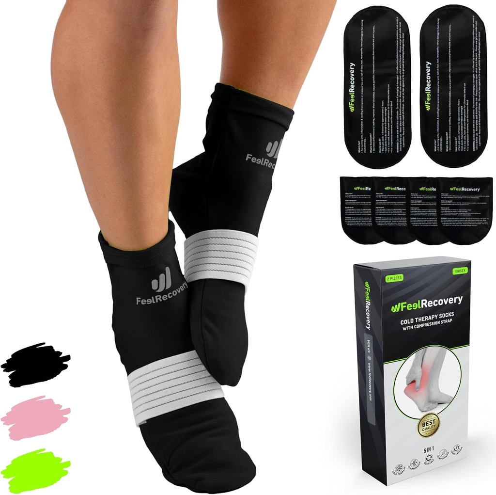 Ice Pack Ponožky pro nohy chladící - opakovaně použitelné Hot & Cold Therapy Ponožky w / Kompression Straps - Studený gel Pack pro neuropatii, bolest nohou, plantážní fasciitida a spreje (Black, L / XL)