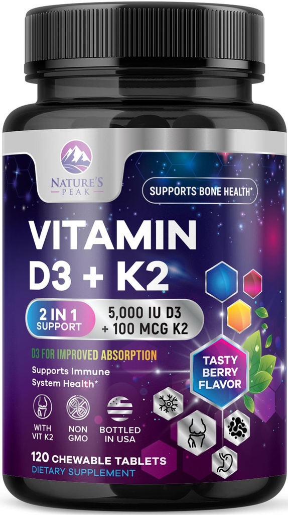 Vitamin D3 K2 - 5000 iu Vitamin D3 & 100 mcg Vitamin K2 (MK-7) Komplex pro imunitní podporu - Kost, zuby a svalová podpora zdraví - Berry Žvýkací, Gluten Free, Non- GMO, Lahvička v USA - 120 Tablety
