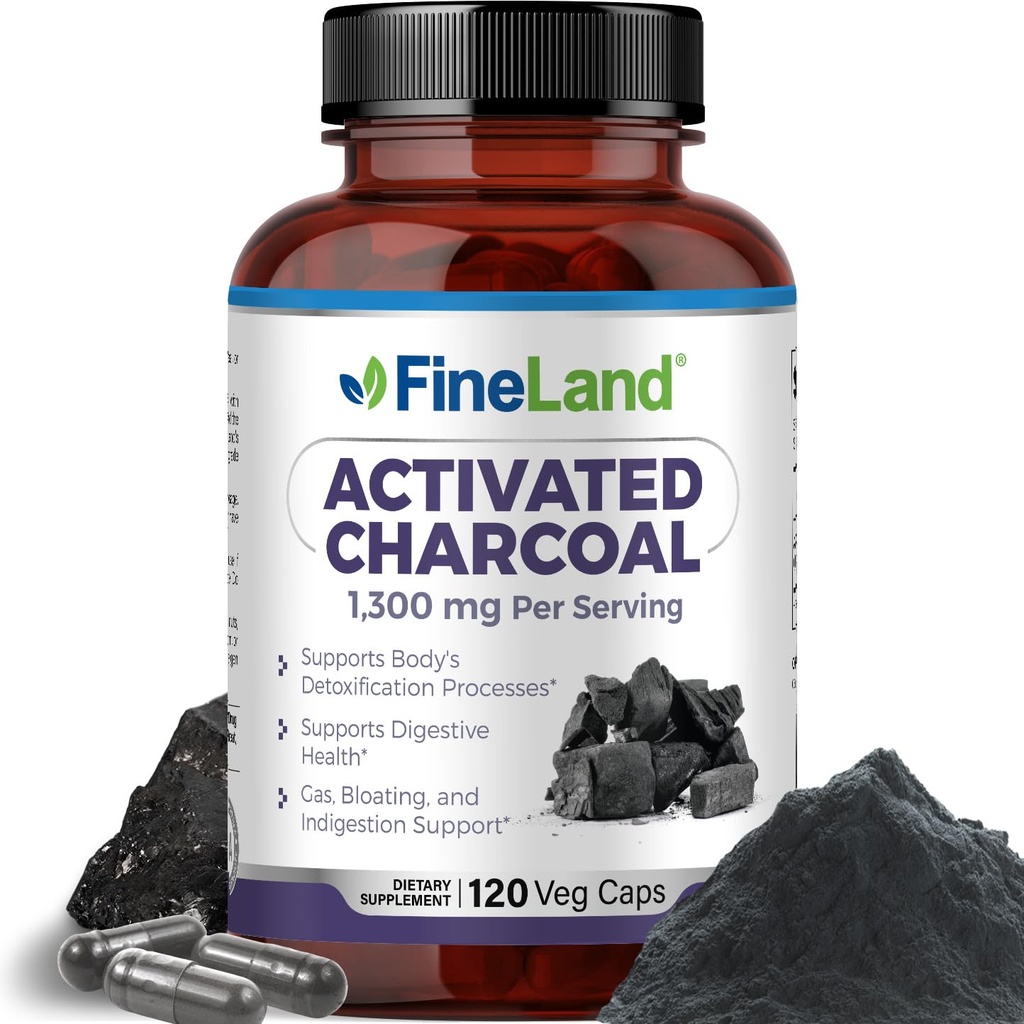FineLand Activated Charcoal 1300mg - Advanced Digestive Detox Cleanse, helps with Gas and Floating, Circulation & Cholesteroal Support - Made in USA, 120 Vegan pilulky