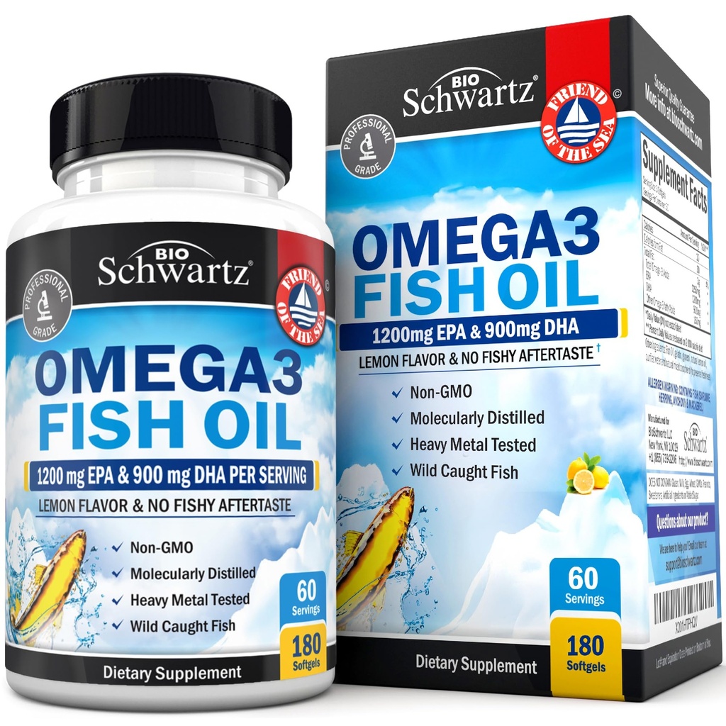 Triple Strength Omega 3 Rybí olej dodatek - 2250mg EPA DHA Omega 3 mastné kyseliny z čerstvých volně žijících ryb, bezproblémové Lemon Flavor Formule podporuje oční zdraví a více, gluten zdarma, 180 Softgels