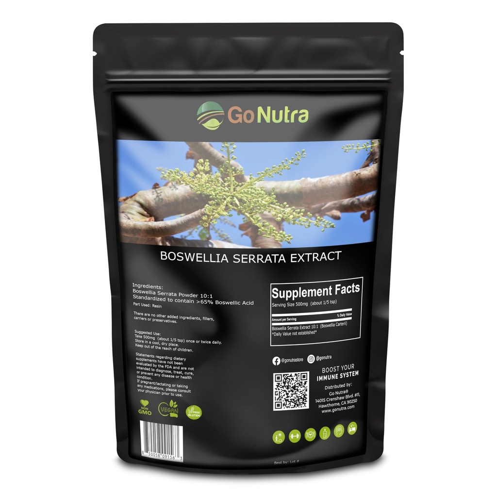 Go Nutra Boswellia Serrata Extract Powder 10: 1 Síla 65% Bohatá kyselina Frankincense Dodatek Společné podpory - 8 oz.