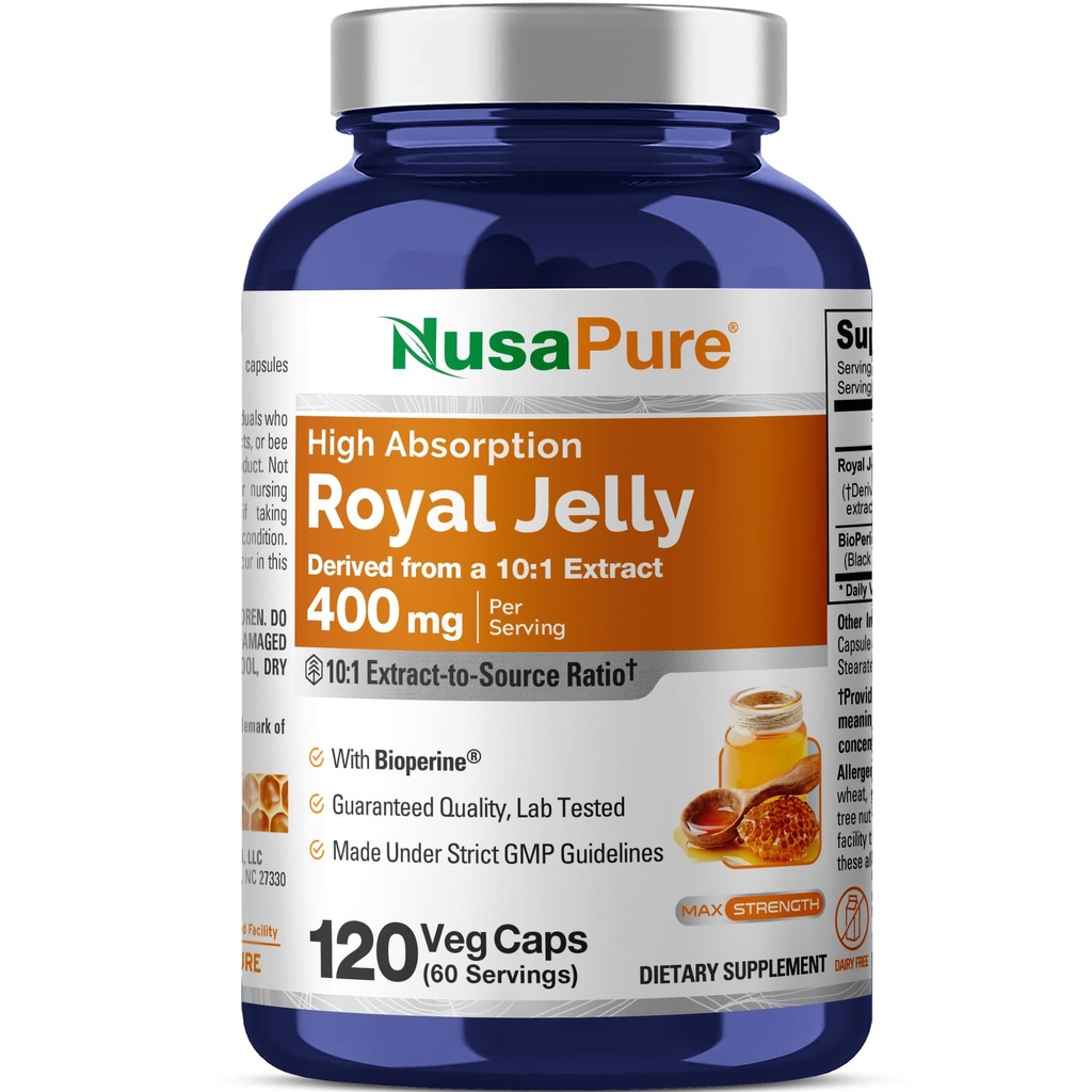NusaPure Royal Jelly 10: 1 Extract, 400 mg Ekvivalentní s 4000mg - 120 Veggie Kapsle (Non- GMO, Gluten Free, Bioperin)