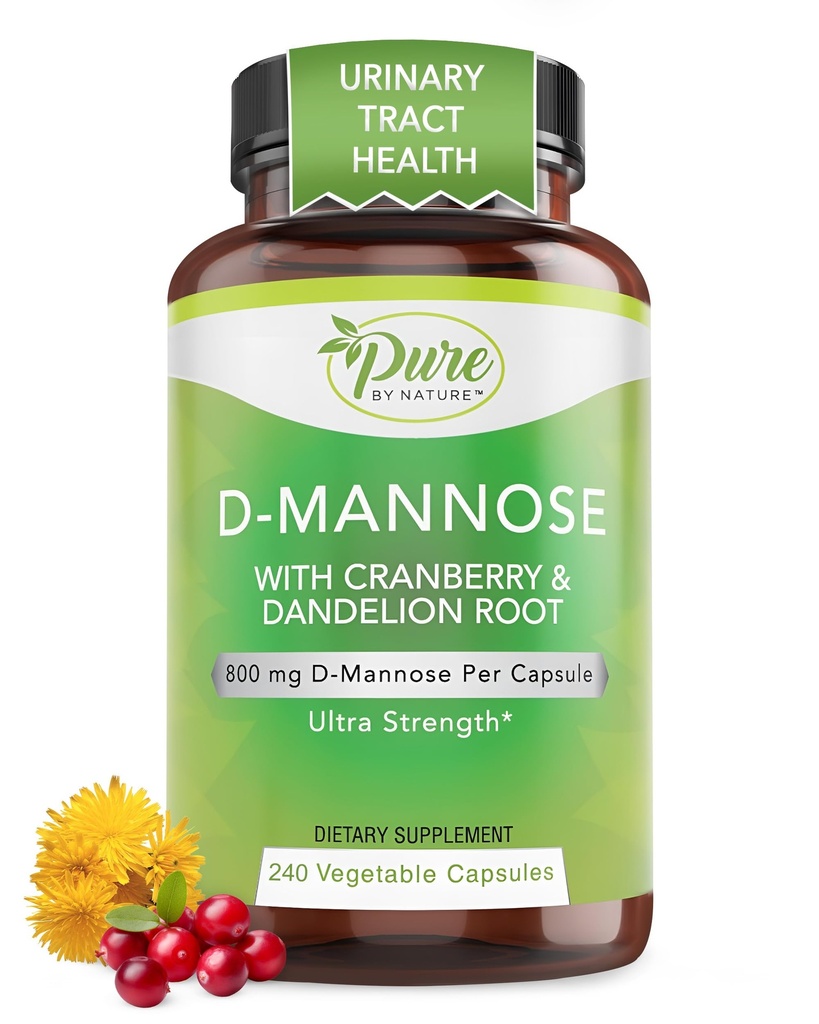 Pure By Nature 600mg D- Mannose Vegan Kapsle s Cranberry & Plandelion Extract, Močová Trakt Podpora zdraví, Flush Nečistota, Detox tělo, 240 Počet