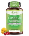 Pure By Nature 600mg D- Mannose Vegan Kapsle s Cranberry & Plandelion Extract, Močová Trakt Podpora zdraví, Flush Nečistota, Detox tělo, 240 Počet
