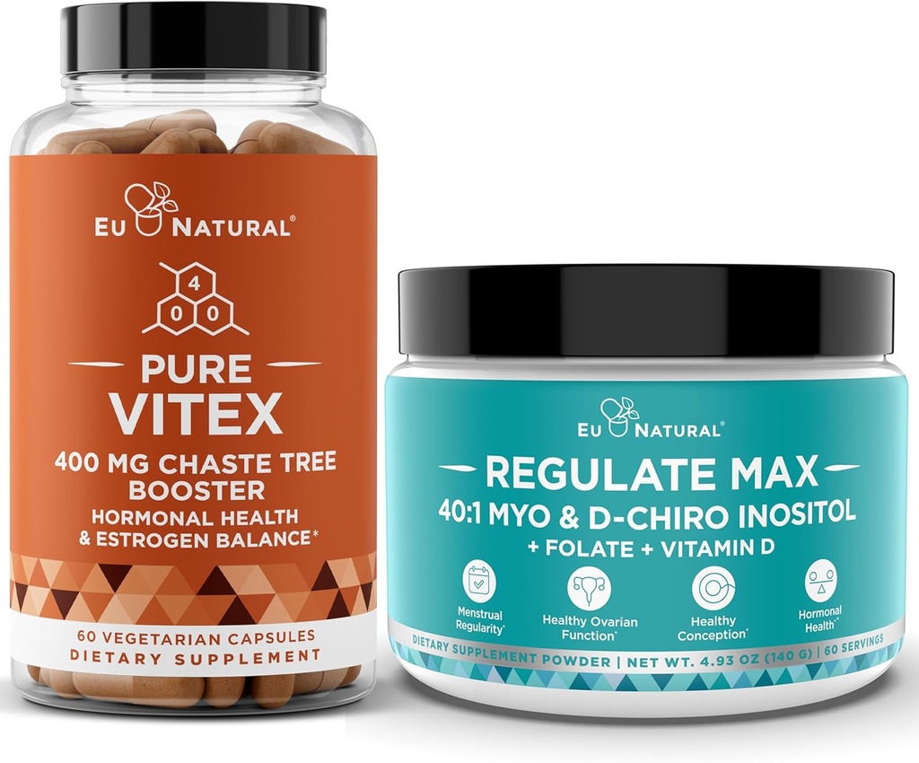 Vitex Chasteberry Kapsle & Regulovat Max Myo- Inositol D- Chiro Inositol Powder - Přírodní PMS & Fertility Support, Balance Hormony, Regulovat cyklus - 60 Vegan měkké Kapsle + 60 Služební Inositol Prášek