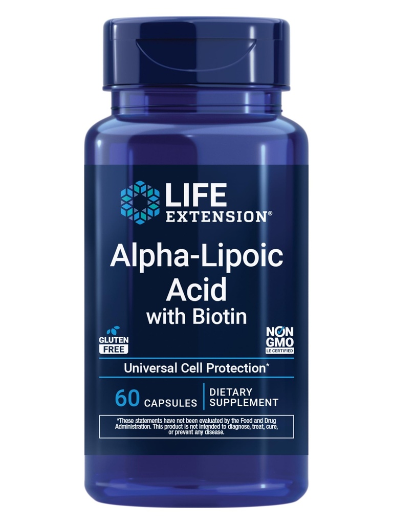 Life Extension Alpha- Lipoic Acid with Biotin, for Cell Protection, Universal antioxidant for Equity & Nerve Health, Gluten- Free, Non- GMO, 60 Kapsle