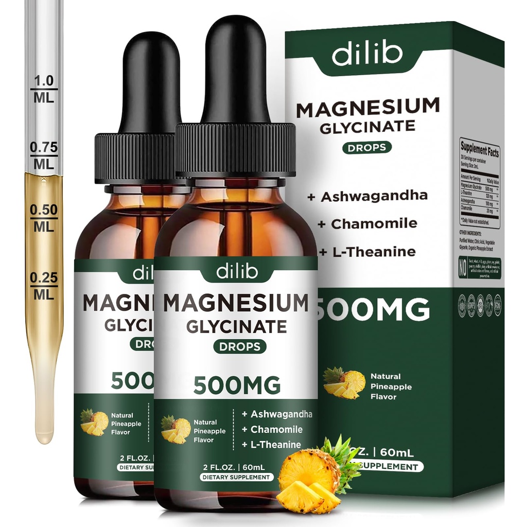 (2 Pack) Magnesium Glycinát dodatek, hořčík kapalné kapky s hořčík Glycinát 500 mg Ashwagandha, L - Theanin, heřmánek-podporuje optimální klid spánkový vegan