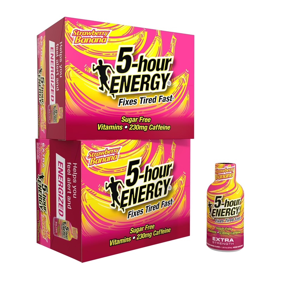5h ENERGY Extra Energy Shot, Strawberry Banana Flavor (1.93 oz., 24 Počet) Sugar- Free & Zero Calories, B-Vitamíny & Amino kyseliny, 230mg Caffeinované Energy Shot, Dietní dodatek