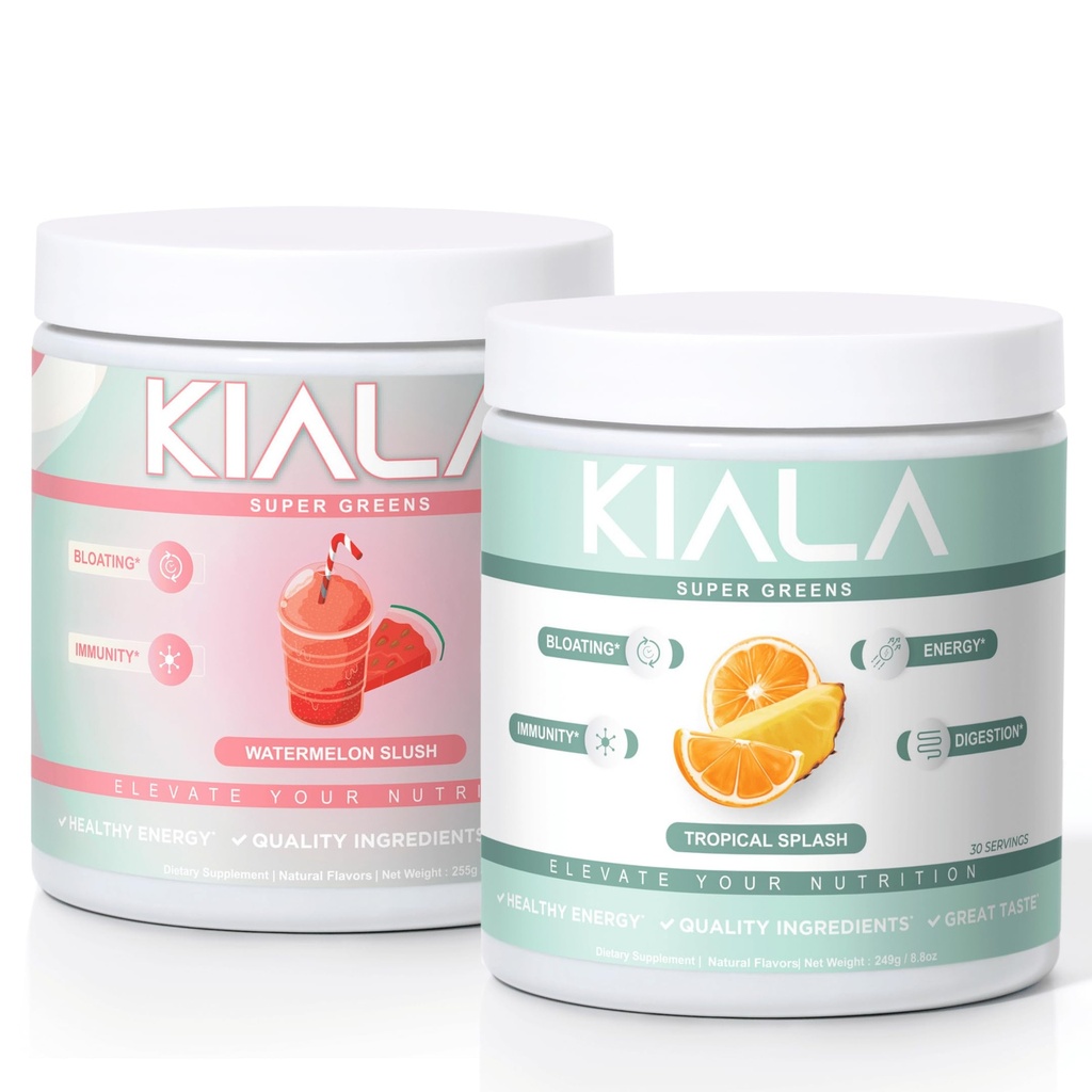 Kiala Nutrition Super Green, Organic Green Powder, Spirulina & Chlorella Superfood Powder, Cukr & gluten Free Vegan, Spectra Blend, Meloun & Tropical Slush 2 Pack